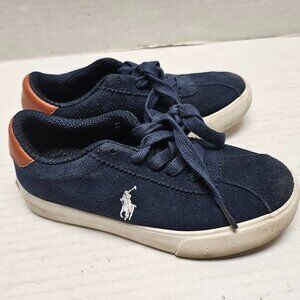 Polo Ralph Lauren Kid Boys Lace Up Navy Blue White Polo Logo Leather Canvas 11.5